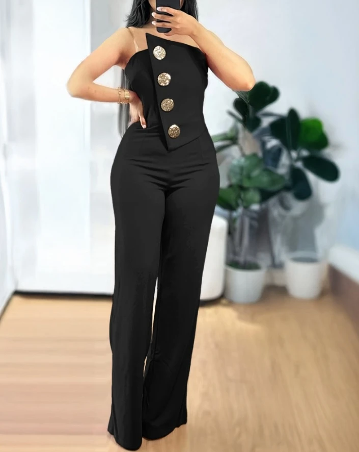 섹시한 비대칭 Bandeau Strapless Jumpsuit 금속 단추 장식 캐주얼 오버올 2025 여성 긴 Jumpsuits 우아한