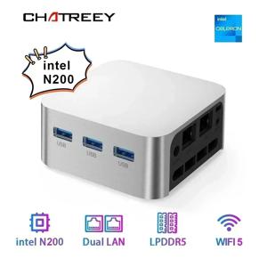 Chatreey 미니 PC 인텔 셀러론 쿼드 코어, N200, N100 포켓 컴퓨터, 3xHD 2.0, 2x 기가비트 이더넷, 윈도우 11, 와이파이 5, T8