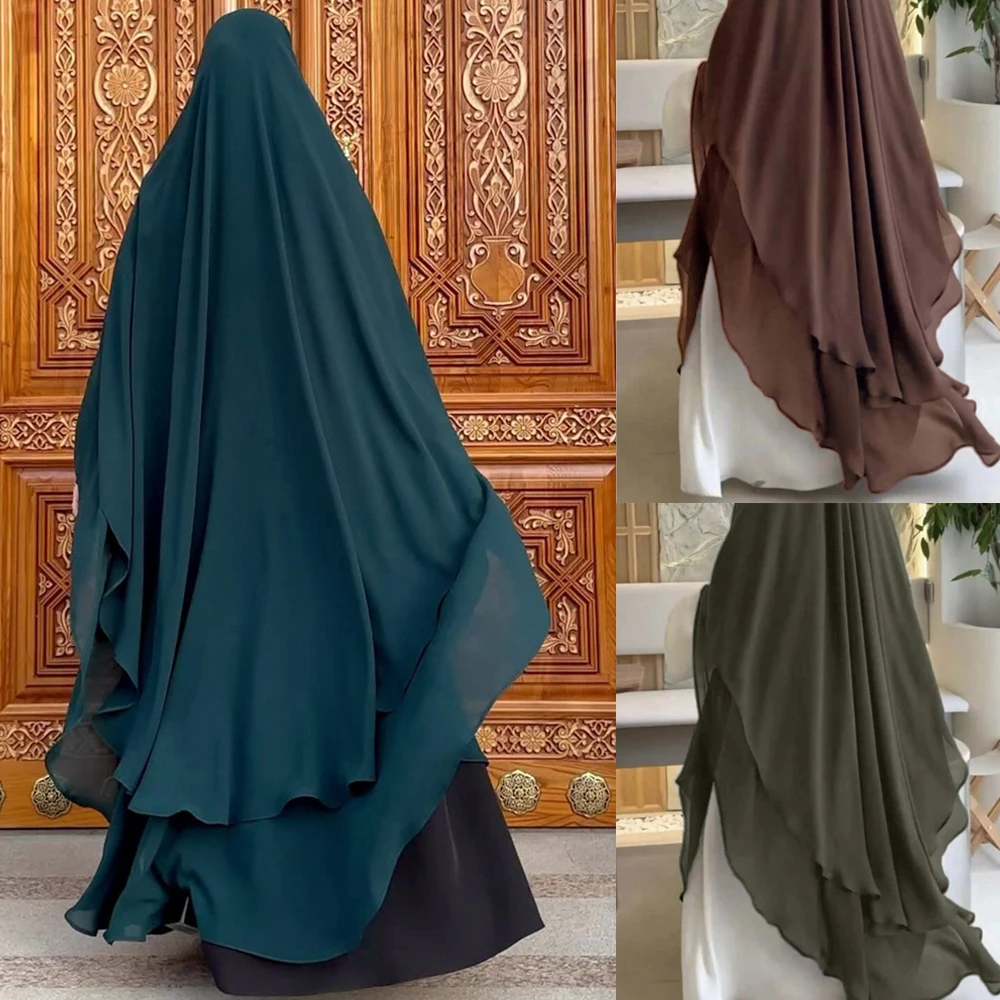 두바이 터키식 히잡 터번 라마단 니카브 등 길이 159cm, 매우 긴 Khimar 플레인 쉬폰, 2 레이어 무슬림 여성 기도 스카프