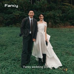 Fancy Korea Simple Taffeta A 라인 웨딩 원피스 사진 촬영, 반팔 정원 무도회 가운, 긴 꼬리 맞춤 가운