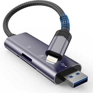 아이폰 아이패드 SD 카드 리더, 고속 미니어처 듀얼 슬롯 메모리 카드 어댑터, 2 인 1 번개 및 USB 3.0, 카메라 메모리 카드 r