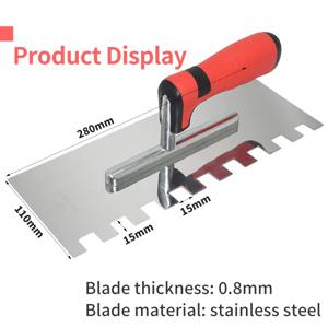 스테인리스 스틸 흙손 플라스틱 손잡이, 건식벽 석고, 퍼티 나이프, 타일 흙손, 왼쪽 15mm 사각 톱니, 280mm