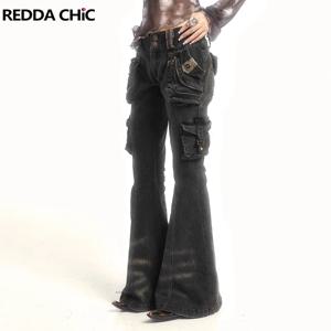 REDDACHiC 여성용 듀얼 단추 로우 라이즈 카고 팬츠, 그런지 지퍼 장식 포켓, 올드 위스커 플레어 청바지, Grayu Y2k 스트리트웨어