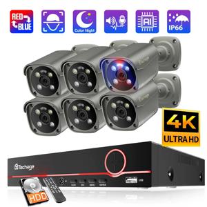 Techage 울트라 HD POE 카메라 시스템, 얼굴 감지, 레드-블루 라이트 알람, 다채로운 야간 8MP CCTV 비디오 보안 감시 키트, 4K