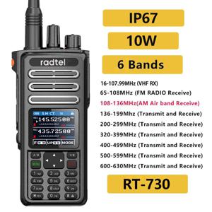 Radtel RT-730 IP67 방수 에어 밴드 워키토키 풀 밴드 아마추어 햄 199CH HT USB-C 배터리, NOAA FM AM UHF VHF Satcom, 10W