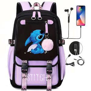 Lilo 스티치 백팩, USB 만화 보라색 인쇄, 남아 여아 학교 가방, 학생 책가방, 십대 여성, Mochila Escolar Nina