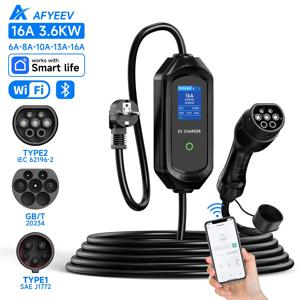 AFYEEV 휴대용 IEC62196-2 EV 충전기 타입 1 SAE J1772 전기차 충전기, GBT EVSE 충전 케이블 월박스, EU 플러그, 3600W