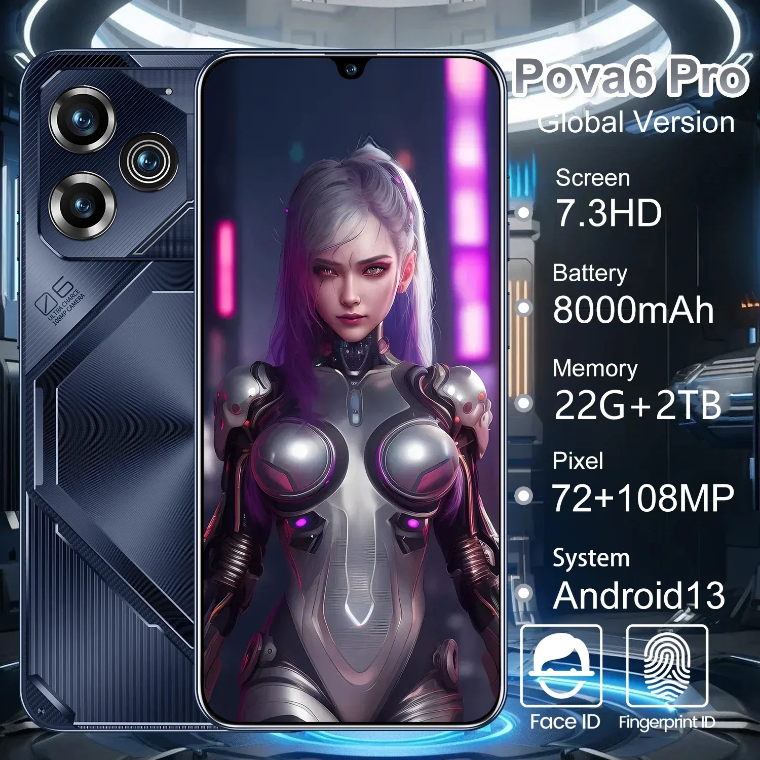 Pova 6 Pro 스마트폰, 7.3 인치 대형 스크린, 8000mAh 4G 5G 듀얼 SIM 핸드폰, 108MP 카메라, 10 코어 칩 슈퍼 게임용 휴대폰, 22GB + 2TB