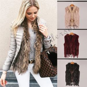 ETHEL 앤더슨 진품 토끼털 조끼 Gilet Tassels 고품질 진짜 모피 니트 조끼, Vtg 너구리 모피 칼라 아웃웨어 탑