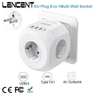 LENCENT EU 플러그 벽 소켓 확장기, AC 콘센트 4 개, USB 3 개, C타입 1 개, 5V, 3A 충전기 어댑터, 8-in-1 소켓 온/오프 스위치