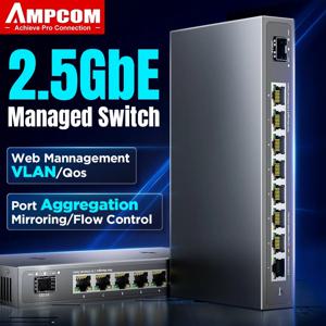 AMPCOM 2.5GbE 관리 스위치 영국 플러그, 8 포트 2.5 GBASE-T 네트워크 스위치, 10G SFP + 슬롯 업 링크 웹 관리 QOS VLAN LACP 팬리스