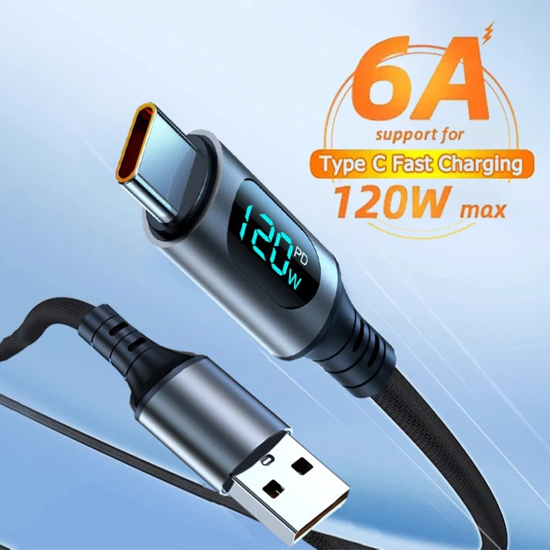 샤오미 레드미 화웨이 삼성용 C타입 초고속 충전 케이블, USB C 충전기 케이블, 6A LED 디지털 디스플레이 데이터 코드, 1M, 2M, 120W