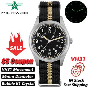 Militado ML07 밀리터리 워치, VH31 쿼츠 무브먼트 버블 K1 크리스탈, 고 투명 AR 코팅, 야광 36mm 빈티지 시계