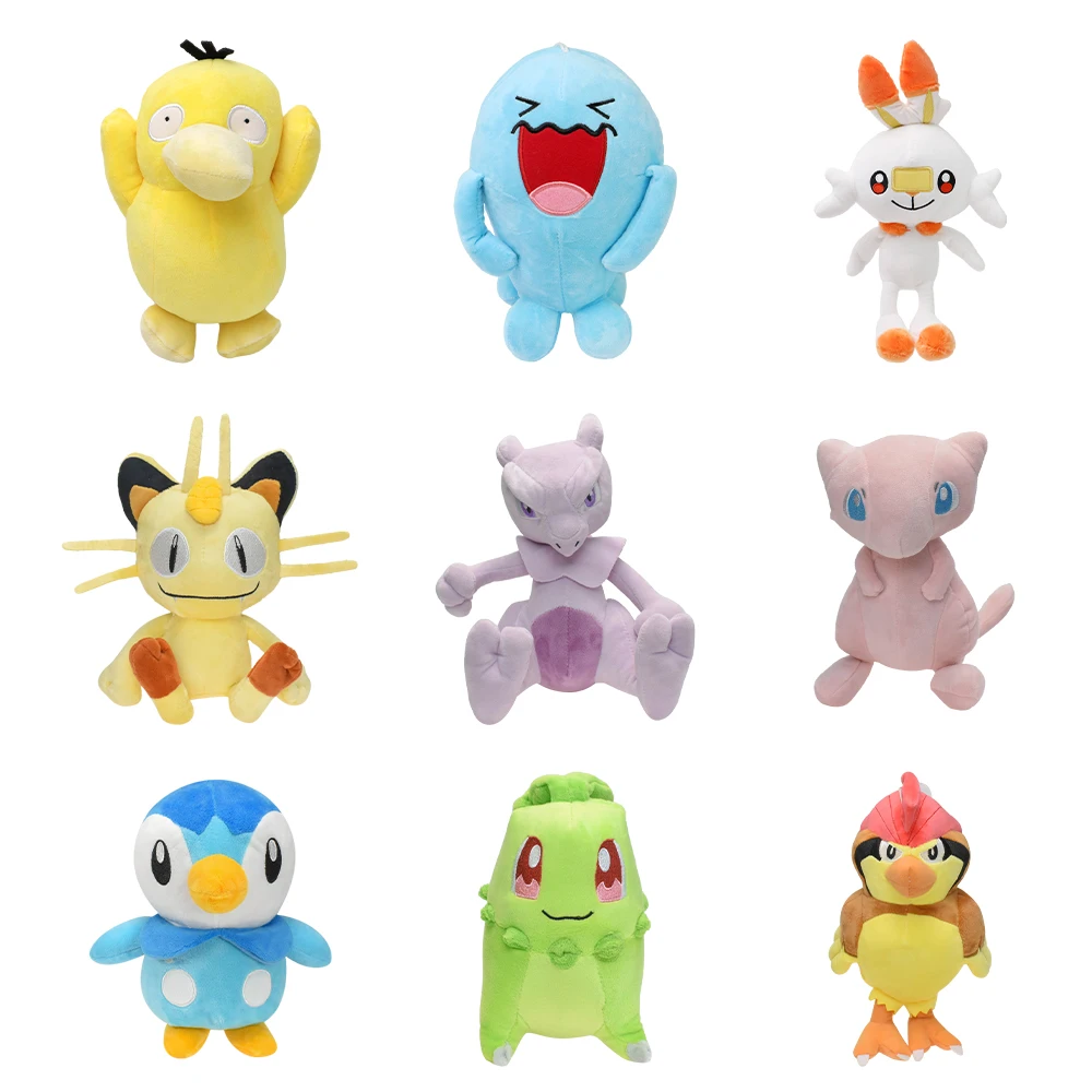 Psyduck Wobbuffet Scorbunny Meowth Mewtwo Mew Piplup 치코리타 피지토 봉제 장난감 게임, 소장용 선물, 부드러운 봉제 인형