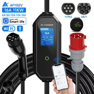 AFYEEV 타입 2 휴대용 EV 충전기, 와이파이 앱, 블루투스 버전, 리모컨 CEE 플러그, 11KW 16A, 3 상 GBT 전기차 충전기