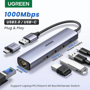 UGREEN USB 이더넷 어댑터 1000/100Mbps USB3.0/USB2.0 허브 RJ45 랜 노트북 PC용 샤오미 미 박스 닌텐도 스위치 맥북 윈도우 맥 OS 리눅스 USB-C 허브 OTG 어댑터 네트워크 카드 인터넷 어댑터