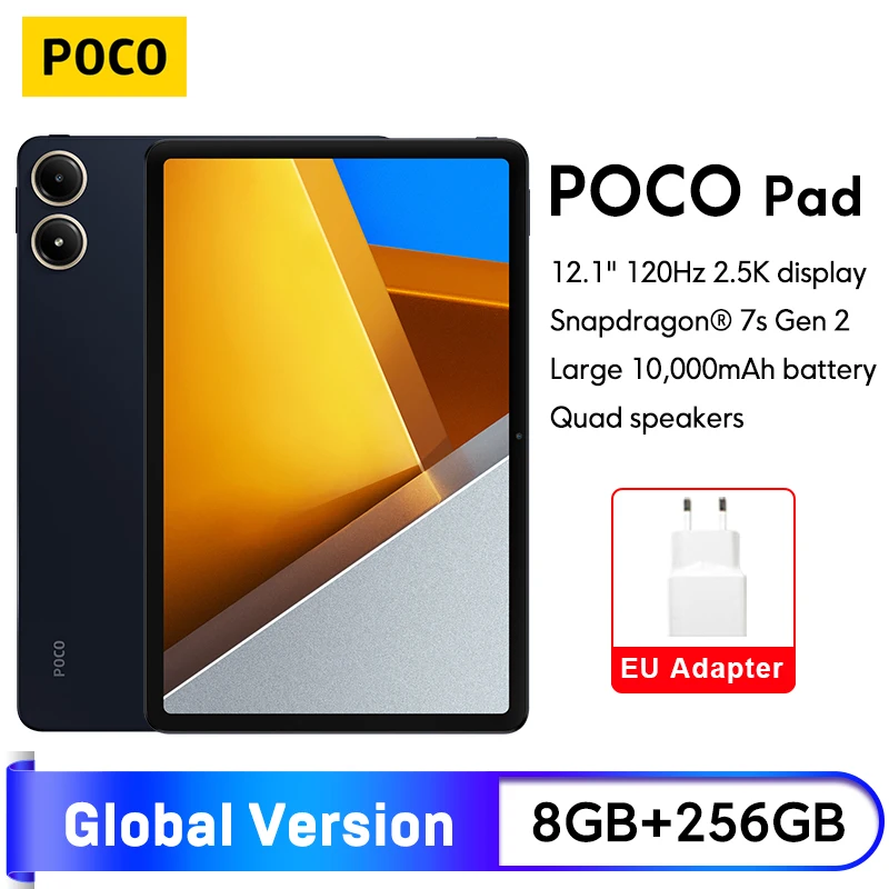 POCO 패드 글로벌 버전 태블릿 RAM, 8GB ROM, 256GB, 10000mAh 배터리, 33W 고속 충전, 12.1 인치 2.5K 디스플레이, 스냅드래곤 7s Gen 2