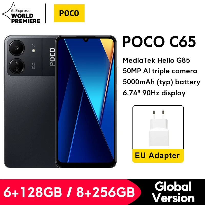 POCO C65 글로벌 버전 스마트폰, MediaTek Helio G85, 6.74 인치, 90Hz 디스플레이, 50MP 트리플 카메라, 5000mAh NFC, 128GB, 256GB