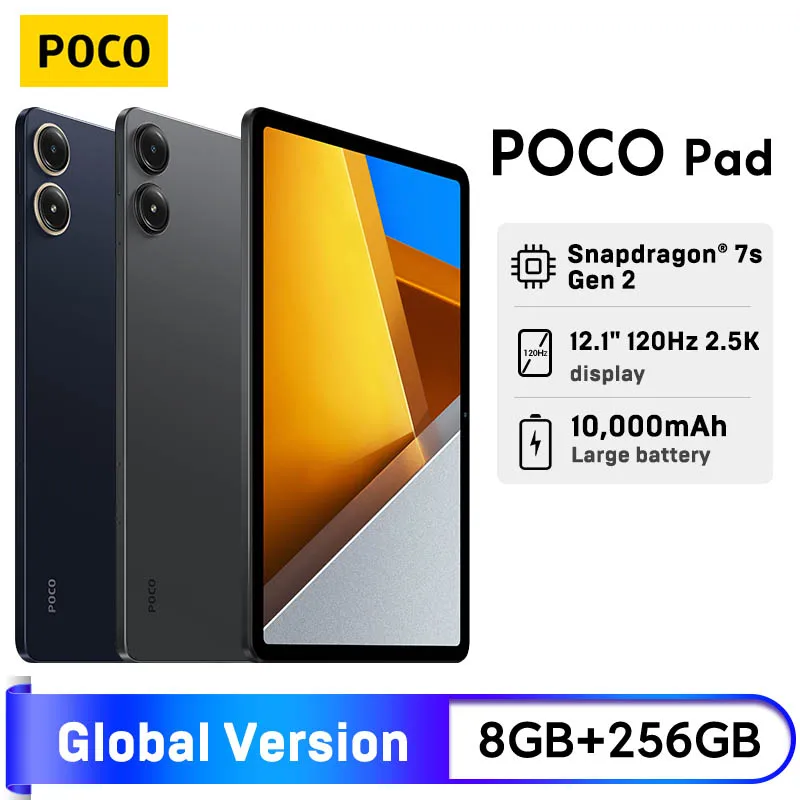 POCO 패드 글로벌 버전 12.1 인치 2.5K 디스플레이, 스냅드래곤 7s Gen 2 8MP 카메라, 돌비 애트모스 미 태블릿, 10000mAh 33W 고속 충전