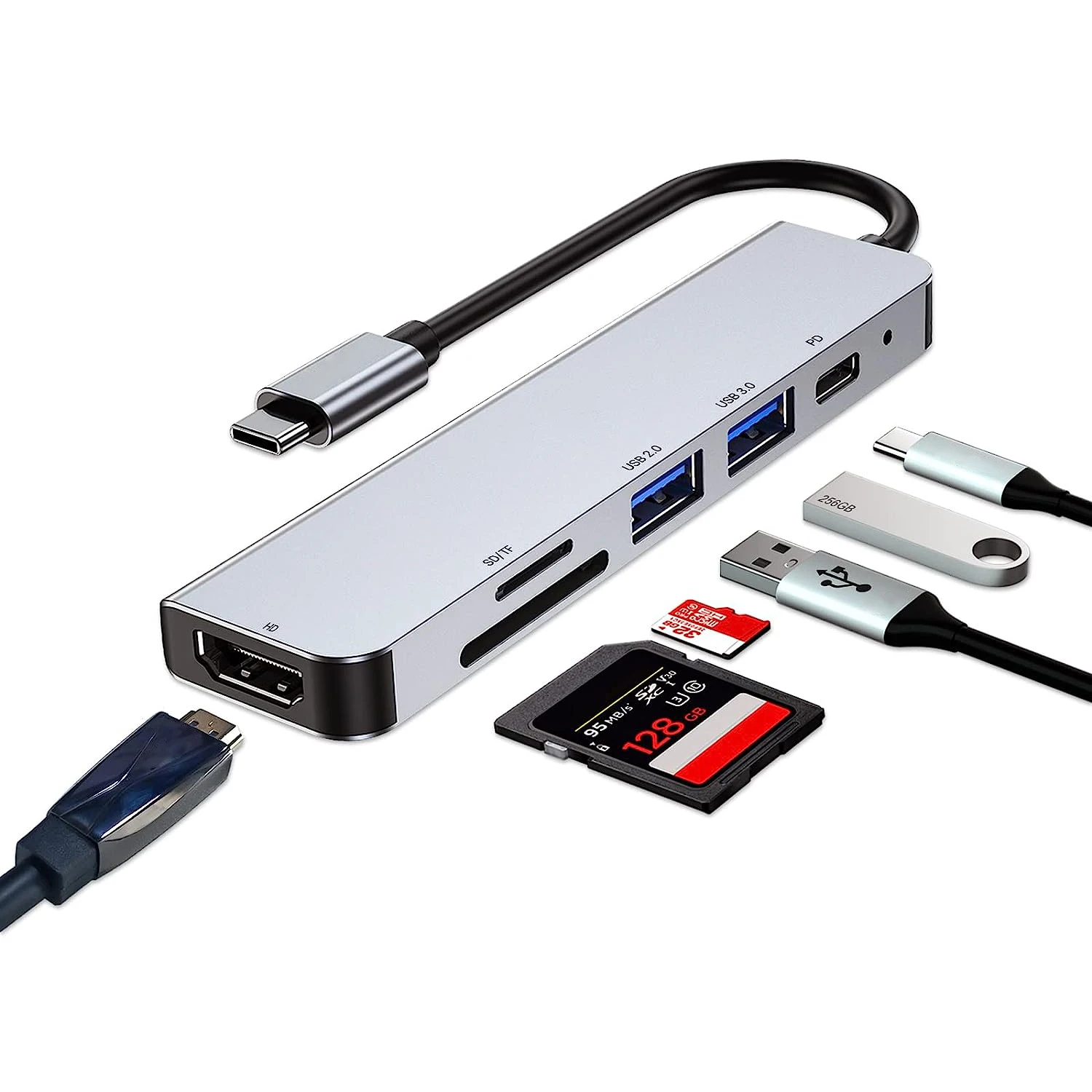 TUTi USB C 멀티 포트 어댑터, HDMI, PD 100W 전원 공급 장치, SD/TF, USB 3.0 및 USB 2.0 포트, C타입 포트 노트북용, 6 인 1