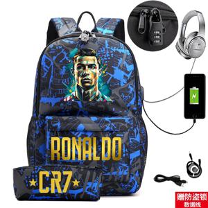 Ronaldo 프린트 배낭 학생 학교 가방, 잠금 장치가 있는 USB 가방, 야외 여행 가방, 컴퓨터 가방, 필통, 2 피스 세트