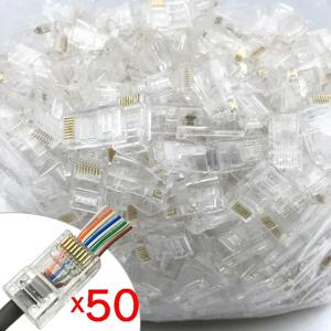 CAT6 1000Mbps RJ45 패스 스루 네트워크 커넥터, 이더넷 케이블, 금도금 크림프 엔드 연선 UTP 비차폐 모듈러 플러그