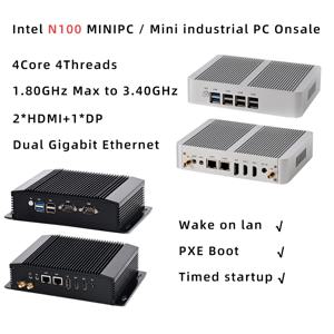 Intel N100 팬리스 미니 산업용 PC, 듀얼 LAN 2 * HDMI2.0 4K 60Hz + DP 3 화면 디스플레이, DDR4 저전력 0 소음