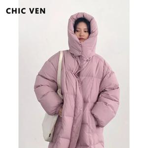 CHIC VEN 여성용 다운 코트, 따뜻한 화이트 덕 다운 롱 후드 다운 재킷, 여성용 빵 재킷, 루즈 캐주얼, 겨울, 90