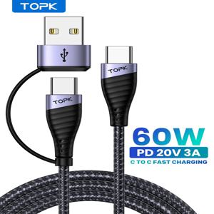 TOPK USB C 타입 케이블 PD 고속 충전 데이터 코드, 샤오미 삼성 리얼미 POCO 화웨이 원플러스 USB C 충전기 와이어, 60W, 2 인 1