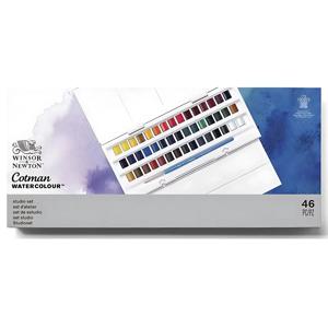 Winsor & Newton Cotman 솔리드 수채화 페인트 세트, 풀 컬러, 45 피스 하프 트레이, 브러시 아티스트 휴대용 페인팅 용품