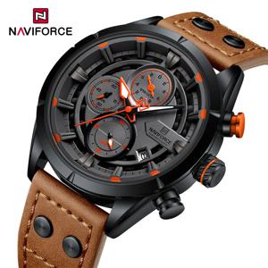 NAVIFORCE 남성용 캐주얼 시계, 방수 정품 가죽 스트랩, 크로노그래프 쿼츠 손목시계, 럭셔리 패션