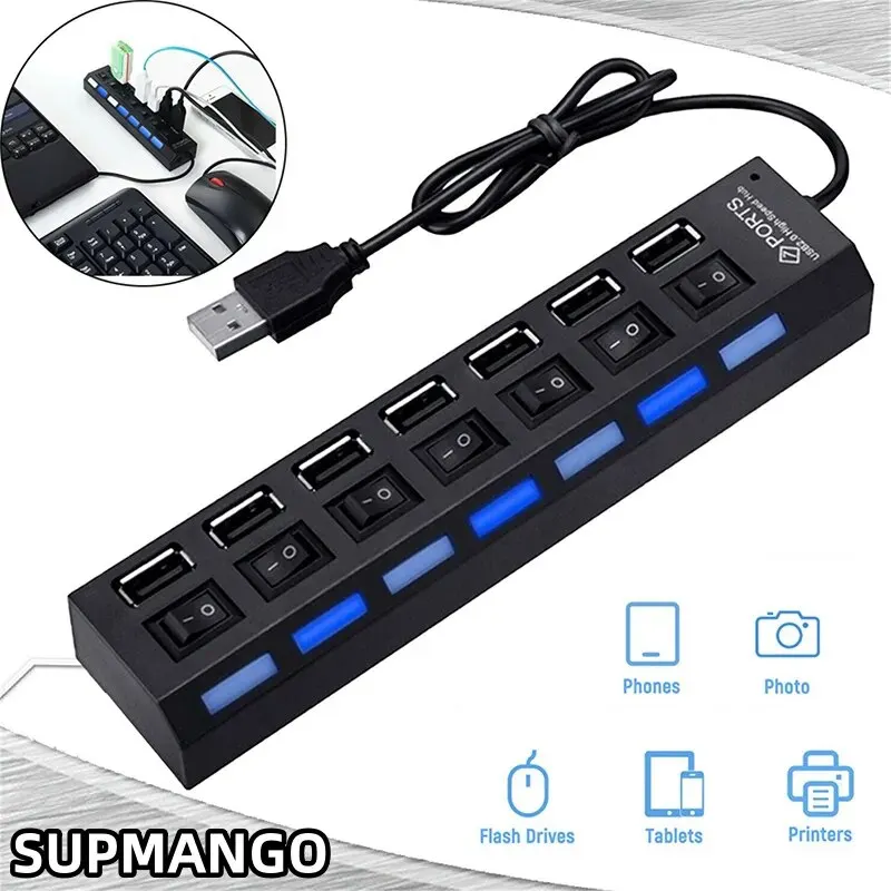 USB 허브 USB 스위치 허브 2.0 어댑터, 고속 멀티 7 포트, USB 온 오프, 컴퓨터 노트북용 휴대용 분배기