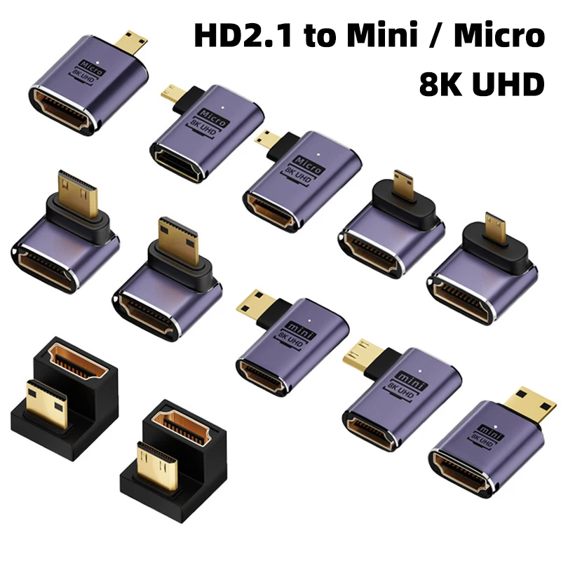 HDMI 호환 어댑터, 90, 270 도 직각 수-암 컨버터, 8K HD 커넥터, 미니/마이크로 HDMI 호환 익스텐더