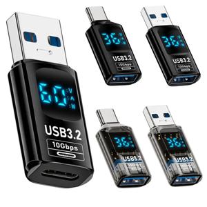 디지털 LED 디스플레이 USB 3.2 어댑터, 전력 계량기 테스터, 스마트 칩 데이터 변속기, USB C 익스텐션, 10Gbps, 36-60W, 1 개