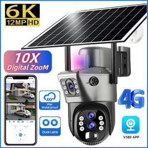 야외 보안 IP 감시 카메라, 보안 보호 PTZ CCTV 캠, 10 배 줌, 4G SIM 태양광 카메라, 6K, 12MP, 3 렌즈 HD 나이트 비전