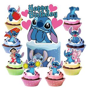 Lilo & Stitch 블루 글리터 케이크 토퍼, 어린이 생일 장식, 베이비 샤워, 파티 케이크 토퍼, 컵케이크 토퍼, 25 개