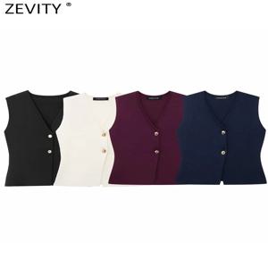 Zevity V넥 민소매 골든 버튼 니트 조끼 스웨터, 여성 시크 싱글 브레스트 가디건 상의, SW6250, 새로운 여성 패션