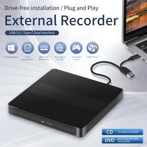 C 타입 및 USB 3.0 슬림 외장 DVD VCD CD 라이터, 슬림 광학 드라이브 버너 리더 플레이어, 트레이 타입, PC 노트북용 휴대용, 2 인 1