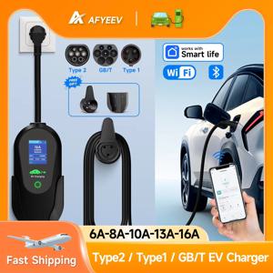 AFYEEV 휴대용 IEC62196-2 EV 충전기 타입 1 SAE J1772 전기차 충전기, EU 플러그 와이파이 블루투스 앱 제어, 3600W