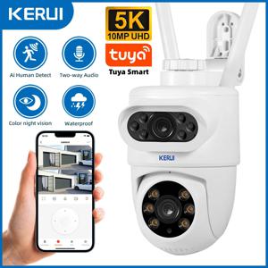 KERUI 투야 스마트 PTZ 무선 홈 보안 CCTV 비디오 감시 인간 감지, 야외 와이파이 IP 카메라, 10MP 5K HD 듀얼 렌즈