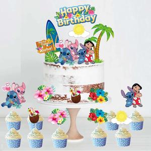 디즈니 릴로 & 스티치 하와이 케이크 토퍼, 여름 생일 파티 용품, 알로하 꽃 테이블 장식, 소년 소녀 선물, 12 개