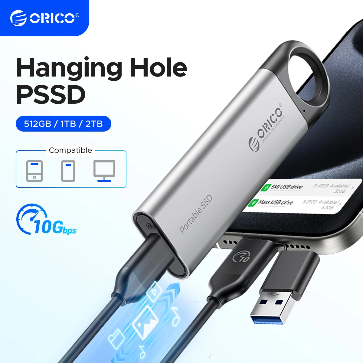 ORICO C10 휴대용 SSD 외장 하드 드라이브, 노트북 데스크탑 사무실 작업용 미니 사이즈 PSSD, USB3.2 C 타입, 1TB, 512GB, 256GB, 1000 MB/S