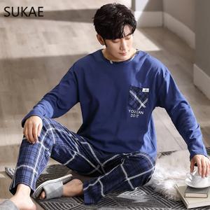 SUKAE 남성용 럭셔리 네이비 잠옷, 긴팔 코튼 파자마 홈웨어, 신사 L-4XL 빅 미니멀리스트 파자마, 가을 겨울 신상