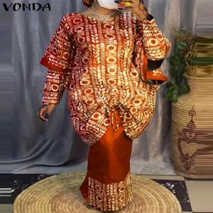 플러스 사이즈 5XL VONDA 프린트 의상 여성 세트 2024 보헤미안 우아한 긴 소매 탑 + 하프 스커트 투피스 세트 캐주얼 루즈 슈트