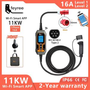 Feyree 전기 자동차용 휴대용 EV 충전기, 블루투스 버전, EVSE 충전 케이블, CEE 플러그, 타입 2, 11KW, 16A, 3 상, 와이파이 앱, 5m