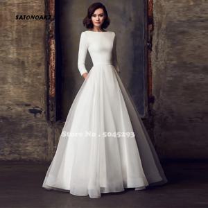 Vestidos-De Novia 간단한 프린세사 웨딩 드레스, a라인 긴 소매 버튼 백 스윕 기차 신부 가운 가운, 사용자 정의 만든 Mariée