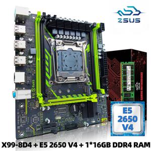 ZSUS X99-8D4 마더보드 세트 키트, LGA2011-3 Xeon E5 2650 V4 CPU DDR4 16GB (1*16GB) 2133MHZ RAM 메모리 NVME M.2 SATA