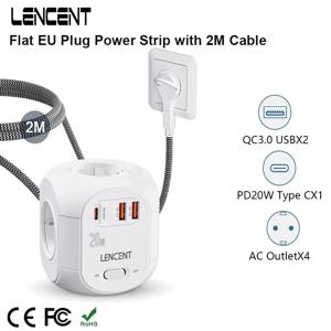 LENCENT 플랫 EU 플러그 멀티탭 큐브, 4AC 콘센트, QC3.0 USB 2 개, C타입 1 개, PD20W 고속 충전, 2M, 3M 편조 케이블, 가정용