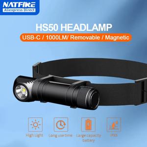 NATFIRE HS50 충전식 헤드램프, 2600mAh 헤드라이트, 1000LM LED, USB C 충전식 마그네틱 테일 워크 캠프 라이트