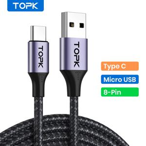 TOPK 마이크로 USB C 타입 휴대폰 충전기 충전 케이블, 샤오미 레드미 노트 10 9 용 고속 충전 와이어, 3A